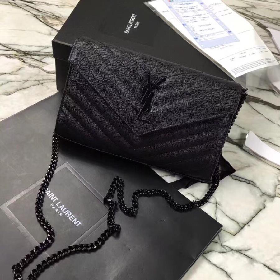 Replica Saint Laurent Monogram Chain Wallet In Grain De Poudre Embossed Leather Black With Black LOGO