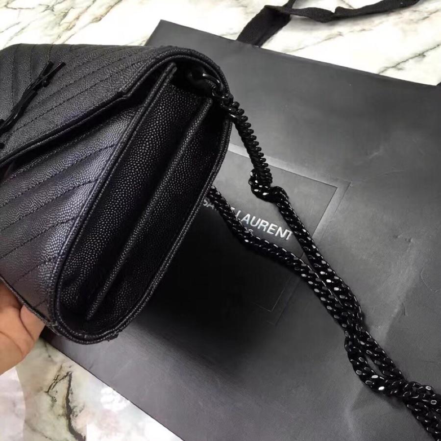 Replica Saint Laurent Monogram Chain Wallet In Grain De Poudre Embossed Leather Black With Black LOGO