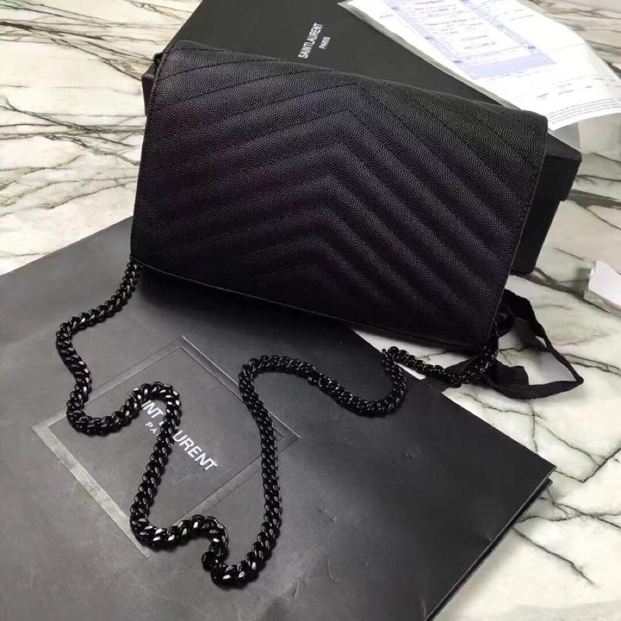 Replica Saint Laurent Monogram Chain Wallet In Grain De Poudre Embossed Leather Black With Black LOGO