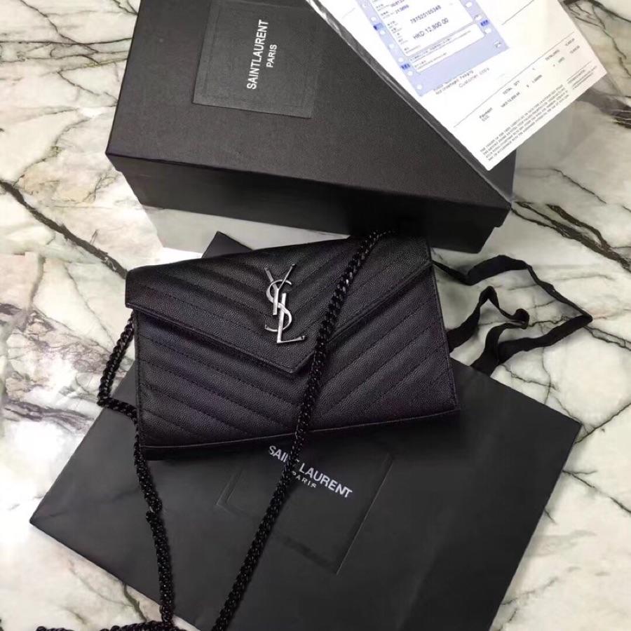 Replica Saint Laurent Monogram Chain Wallet In Grain De Poudre Embossed Leather Black With Black LOGO