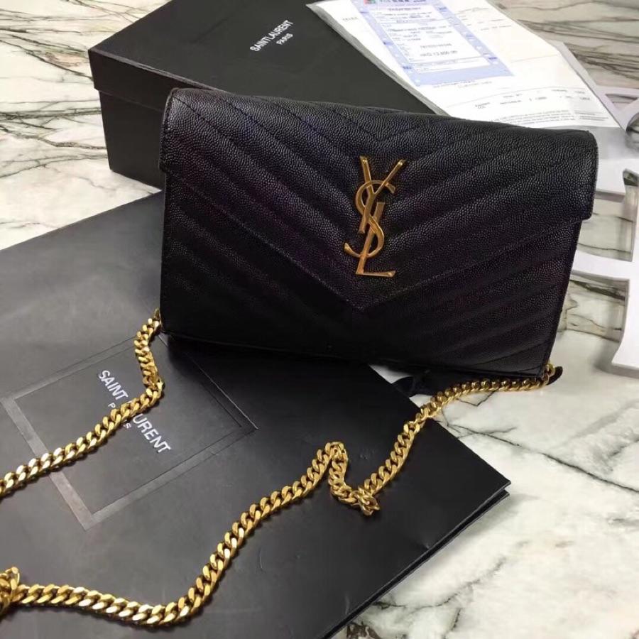 Replica Saint Laurent Monogram Chain Wallet In Grain De Poudre Embossed Leather Black With Gold LOGO