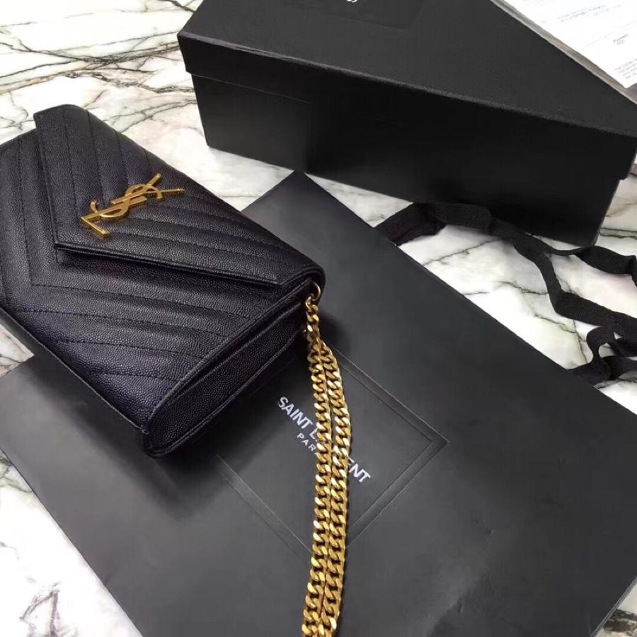 Replica Saint Laurent Monogram Chain Wallet In Grain De Poudre Embossed Leather Black With Gold LOGO