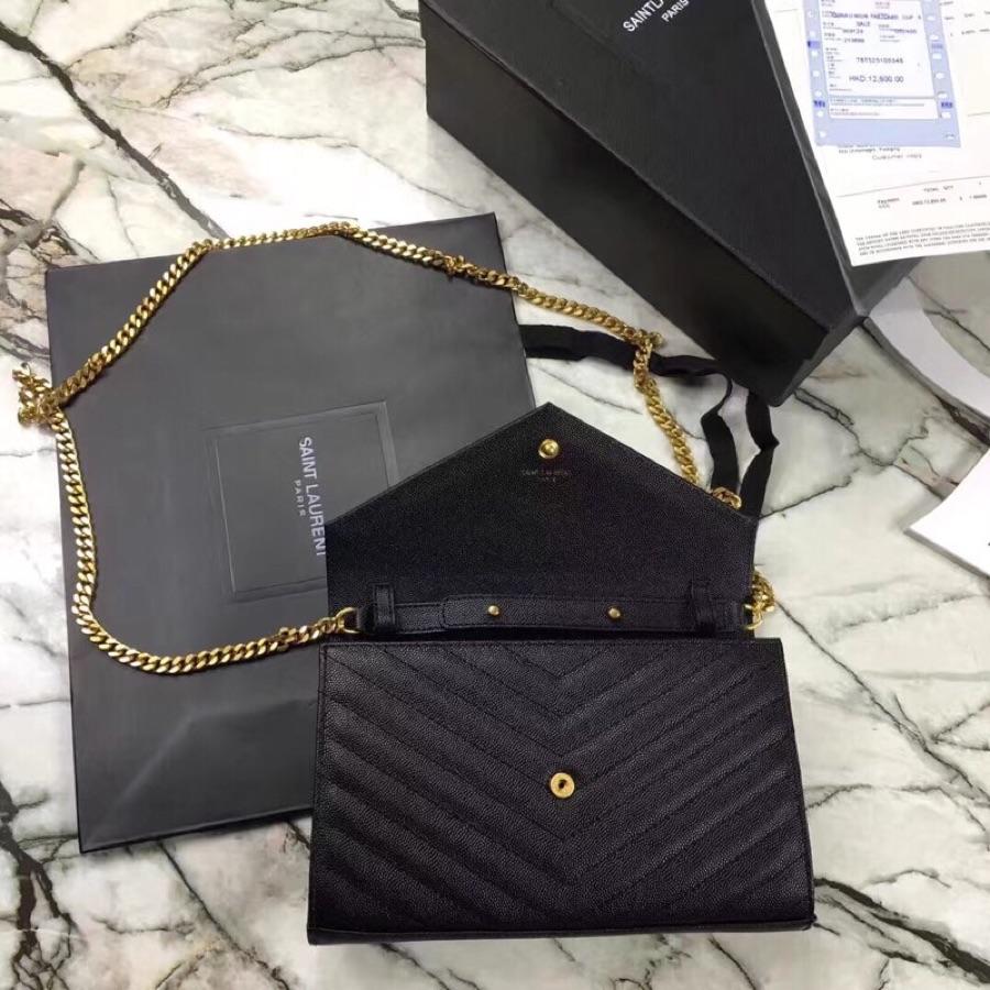 Replica Saint Laurent Monogram Chain Wallet In Grain De Poudre Embossed Leather Black With Gold LOGO