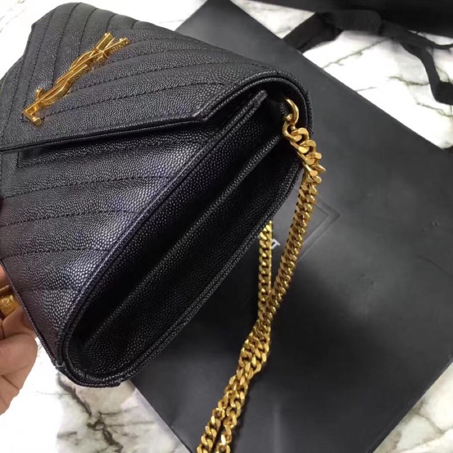 Replica Saint Laurent Monogram Chain Wallet In Grain De Poudre Embossed Leather Black With Gold LOGO