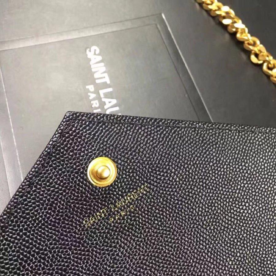 Replica Saint Laurent Monogram Chain Wallet In Grain De Poudre Embossed Leather Black With Gold LOGO