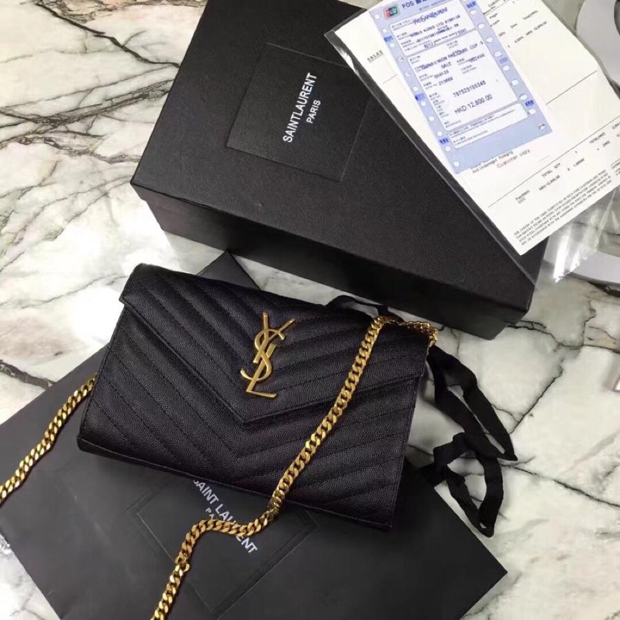 Replica Saint Laurent Monogram Chain Wallet In Grain De Poudre Embossed Leather Black With Gold LOGO