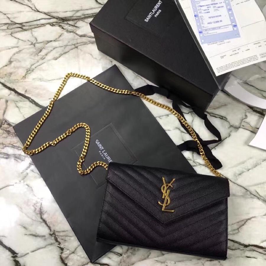 Replica Saint Laurent Monogram Chain Wallet In Grain De Poudre Embossed Leather Black With Gold LOGO