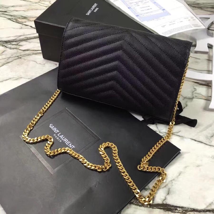 Replica Saint Laurent Monogram Chain Wallet In Grain De Poudre Embossed Leather Black With Gold LOGO