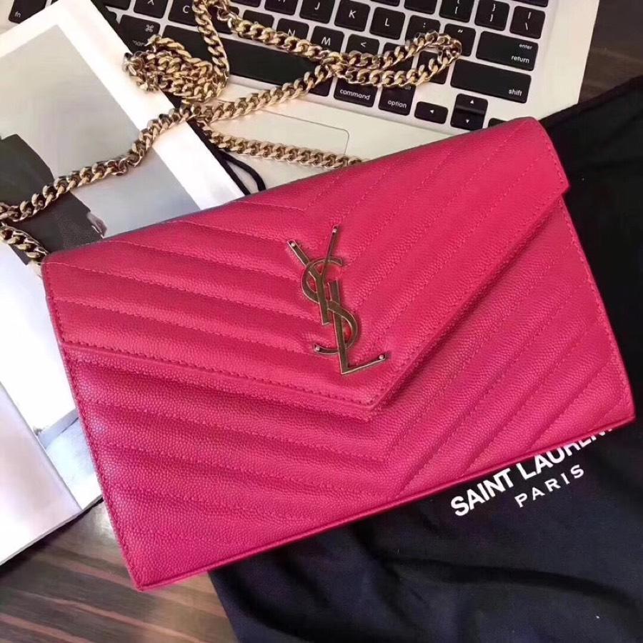 Replica Saint Laurent Monogram Chain Wallet In Grain De Poudre Embossed Leather Dark Legion Lipstick Fuchsia