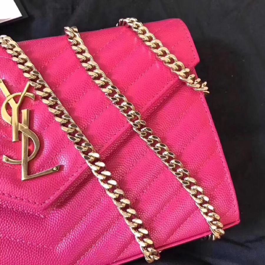 Replica Saint Laurent Monogram Chain Wallet In Grain De Poudre Embossed Leather Dark Legion Lipstick Fuchsia