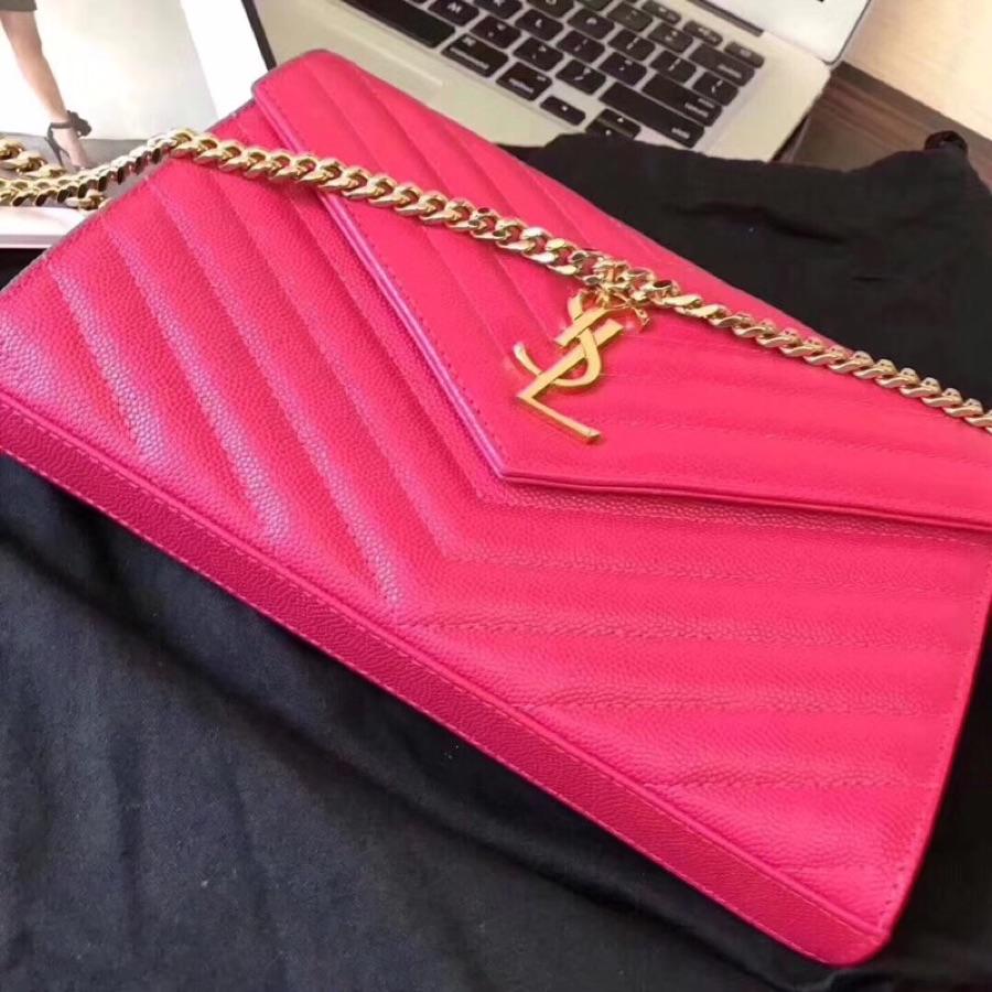 Replica Saint Laurent Monogram Chain Wallet In Grain De Poudre Embossed Leather Dark Legion Lipstick Fuchsia