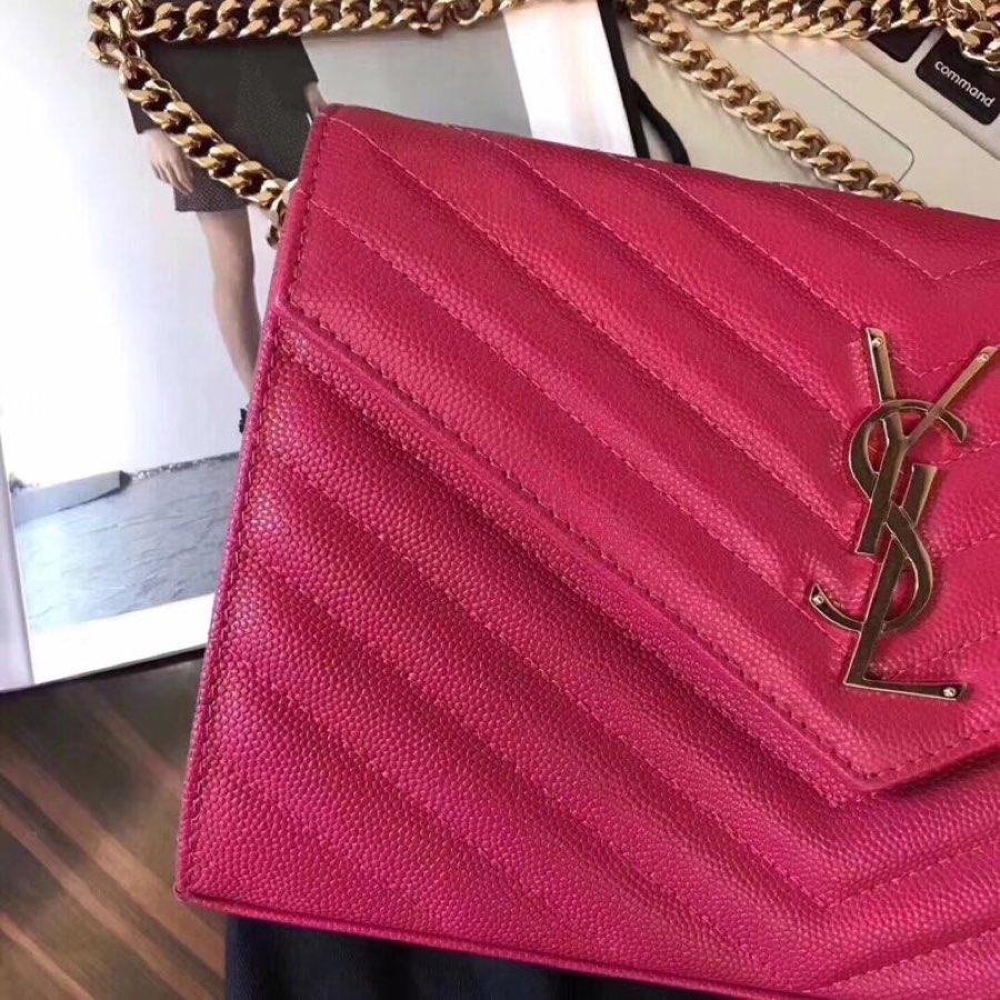 Replica Saint Laurent Monogram Chain Wallet In Grain De Poudre Embossed Leather Dark Legion Lipstick Fuchsia