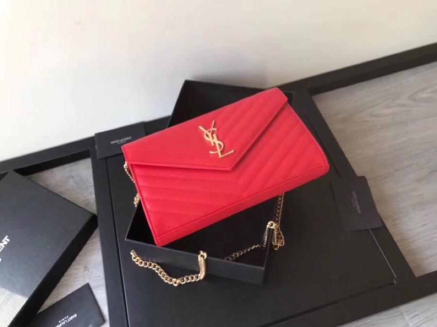 Replica Saint Laurent Monogram Chain Wallet In Grain De Poudre Embossed Leather Red