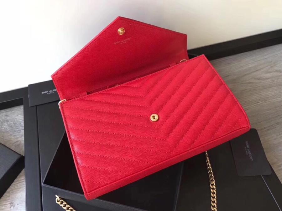 Replica Saint Laurent Monogram Chain Wallet In Grain De Poudre Embossed Leather Red