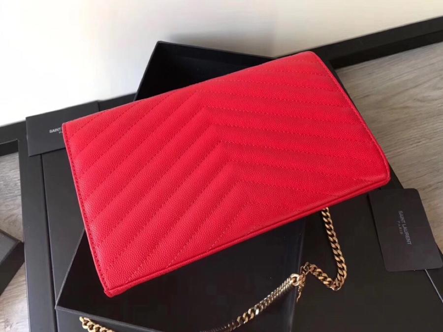 Replica Saint Laurent Monogram Chain Wallet In Grain De Poudre Embossed Leather Red