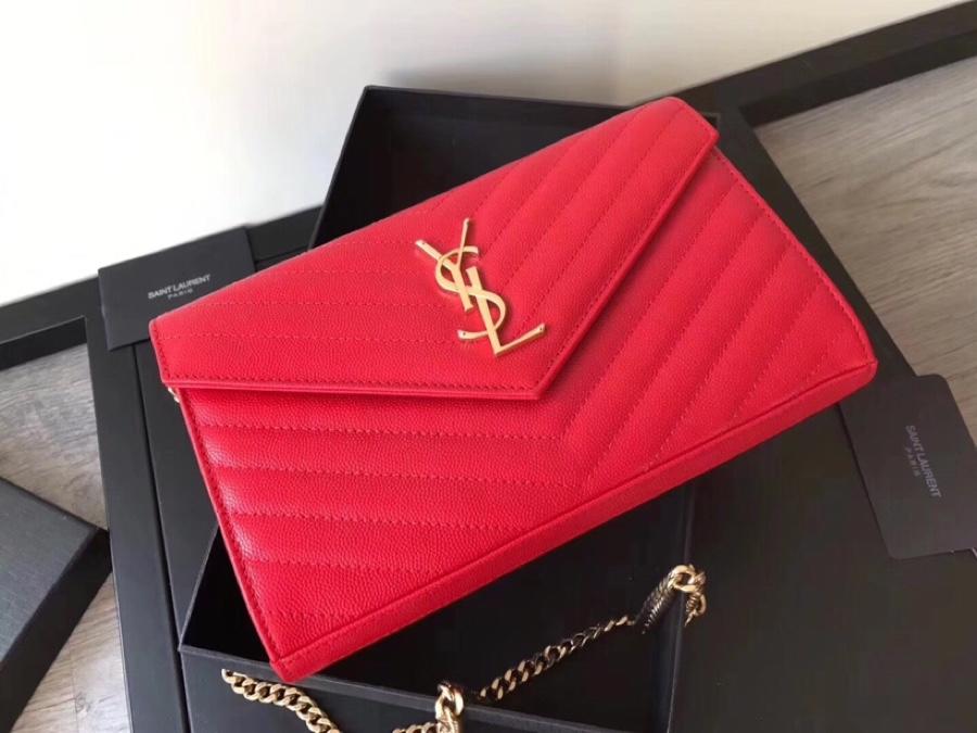 Replica Saint Laurent Monogram Chain Wallet In Grain De Poudre Embossed Leather Red