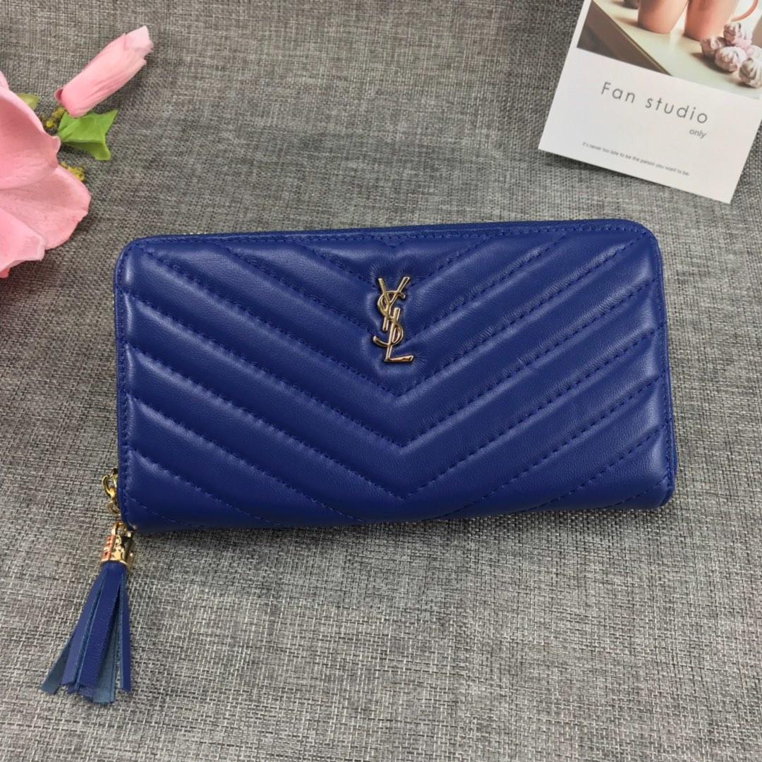 Replica Saint Laurent Monogram Wallet In Grain De Poudre Embossed Leather Blue With Gold LOGO