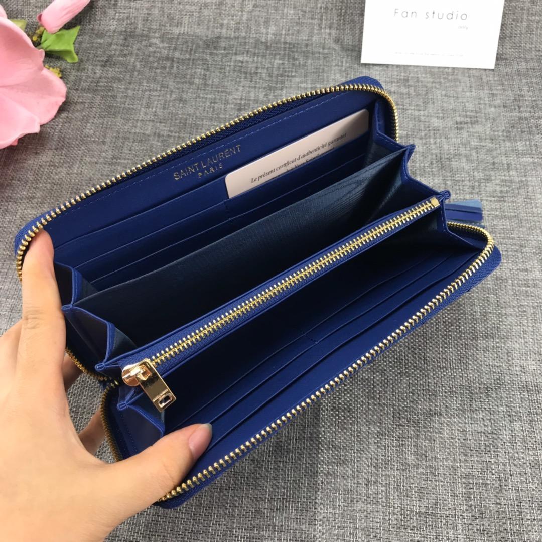 Replica Saint Laurent Monogram Wallet In Grain De Poudre Embossed Leather Blue With Gold LOGO