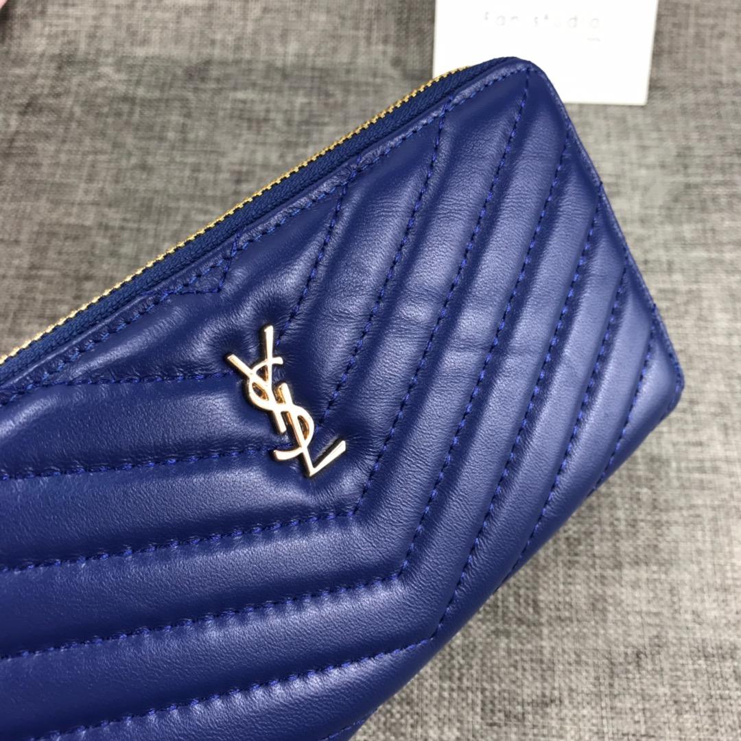 Replica Saint Laurent Monogram Wallet In Grain De Poudre Embossed Leather Blue With Gold LOGO