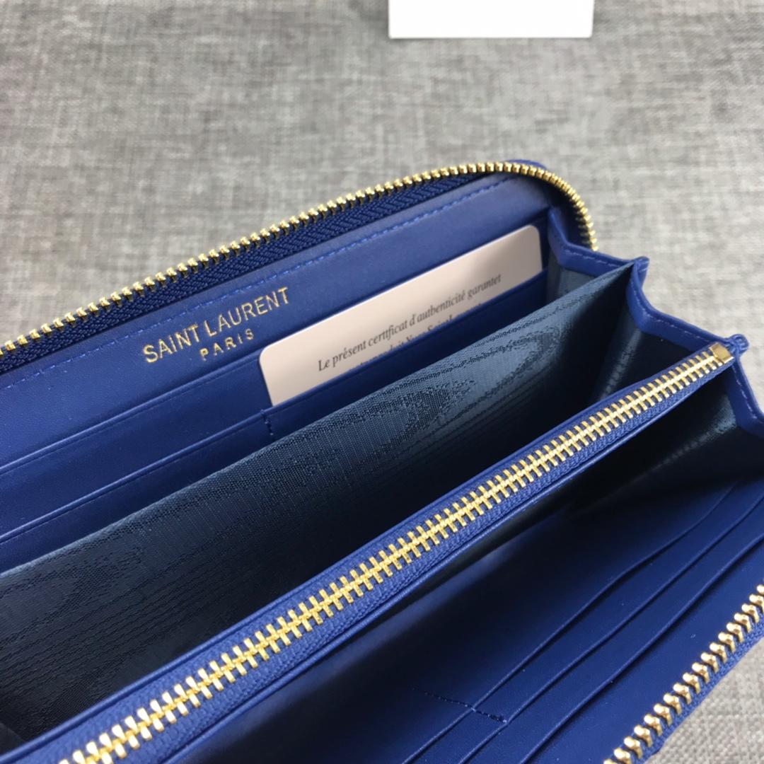 Replica Saint Laurent Monogram Wallet In Grain De Poudre Embossed Leather Blue With Gold LOGO