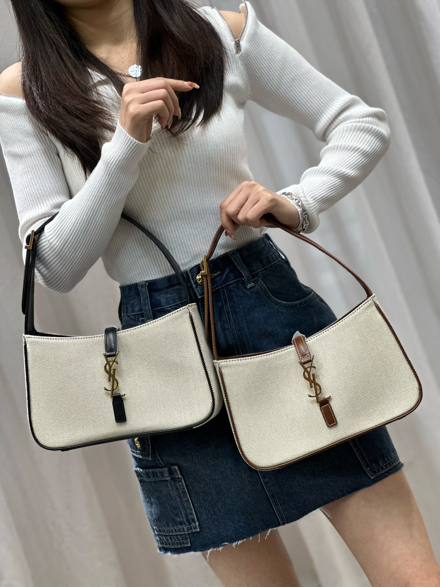 Saint Lauren LE 5 A 7 In Canvas And Leahter Shoulder Bag Brown