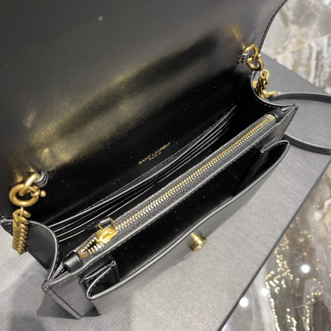 Saint Laurent 19cm Sunset Woc Chain Wallet in Smooth Leather Black with Gold 