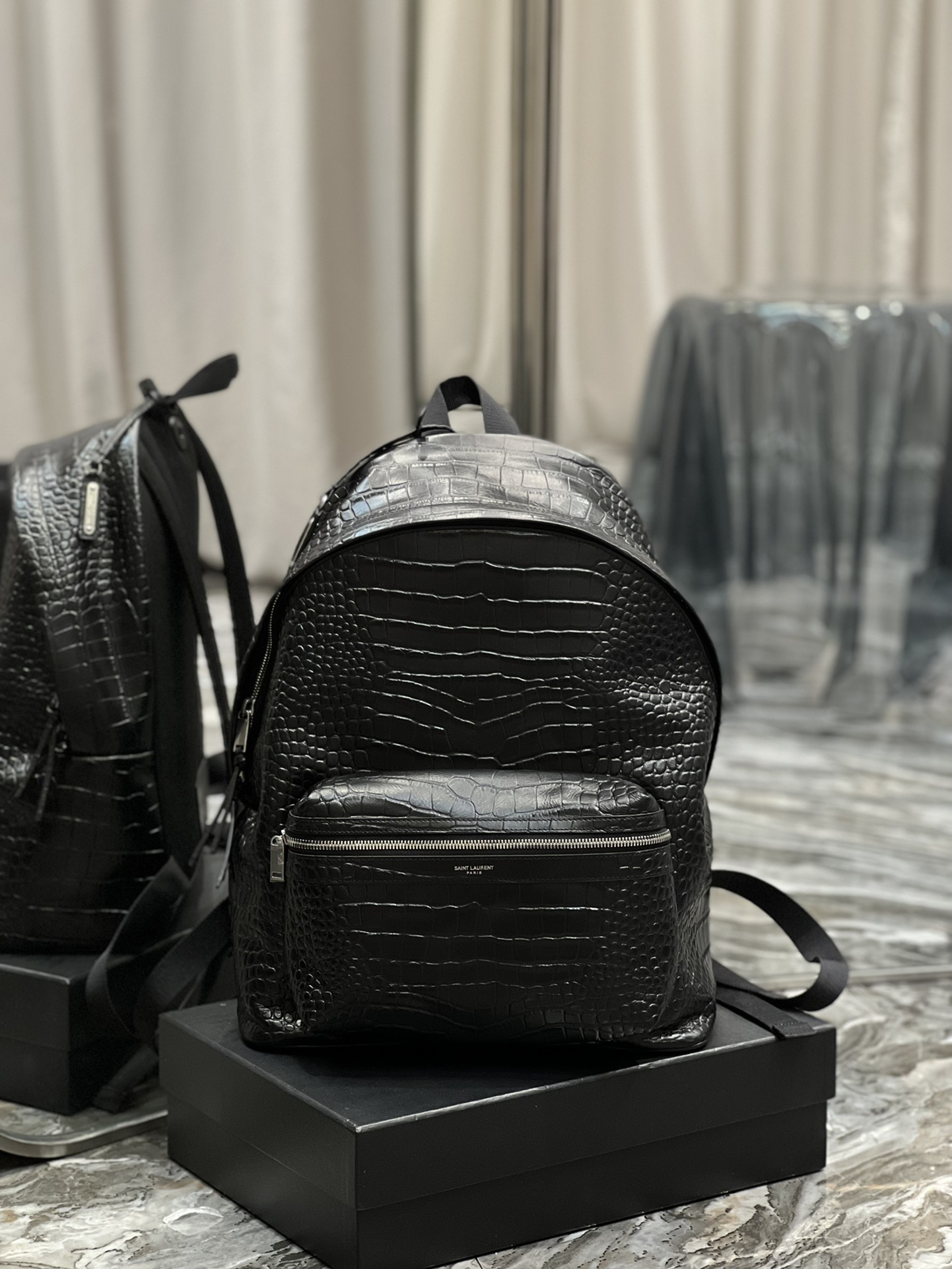 Saint Laurent City Backpack In Crocodile-Embossed Leather Black