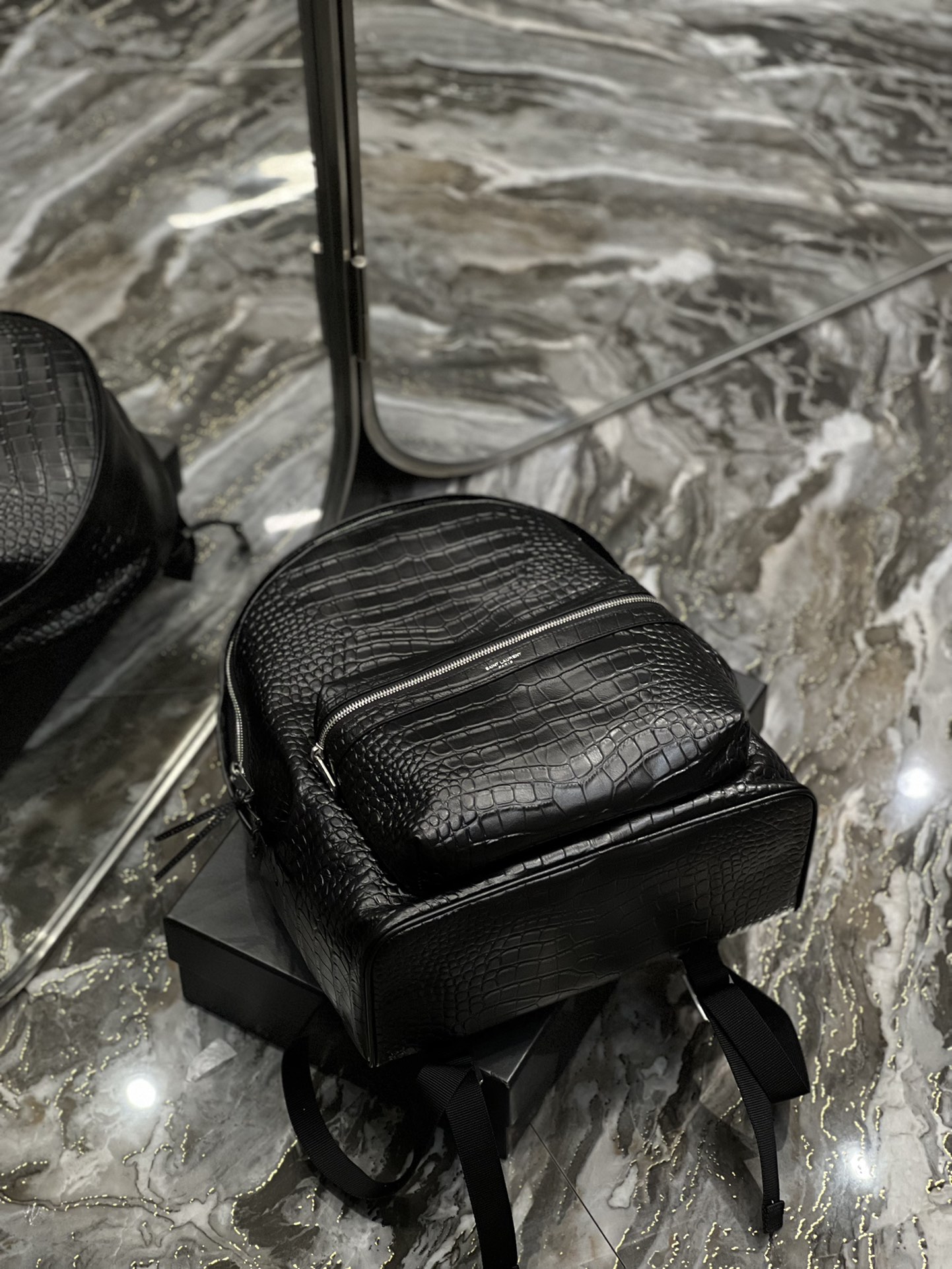 Saint Laurent City Backpack In Crocodile-Embossed Leather Black