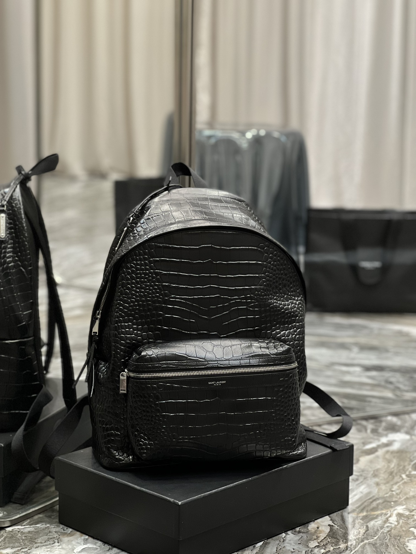 Saint Laurent City Backpack In Crocodile-Embossed Leather Black