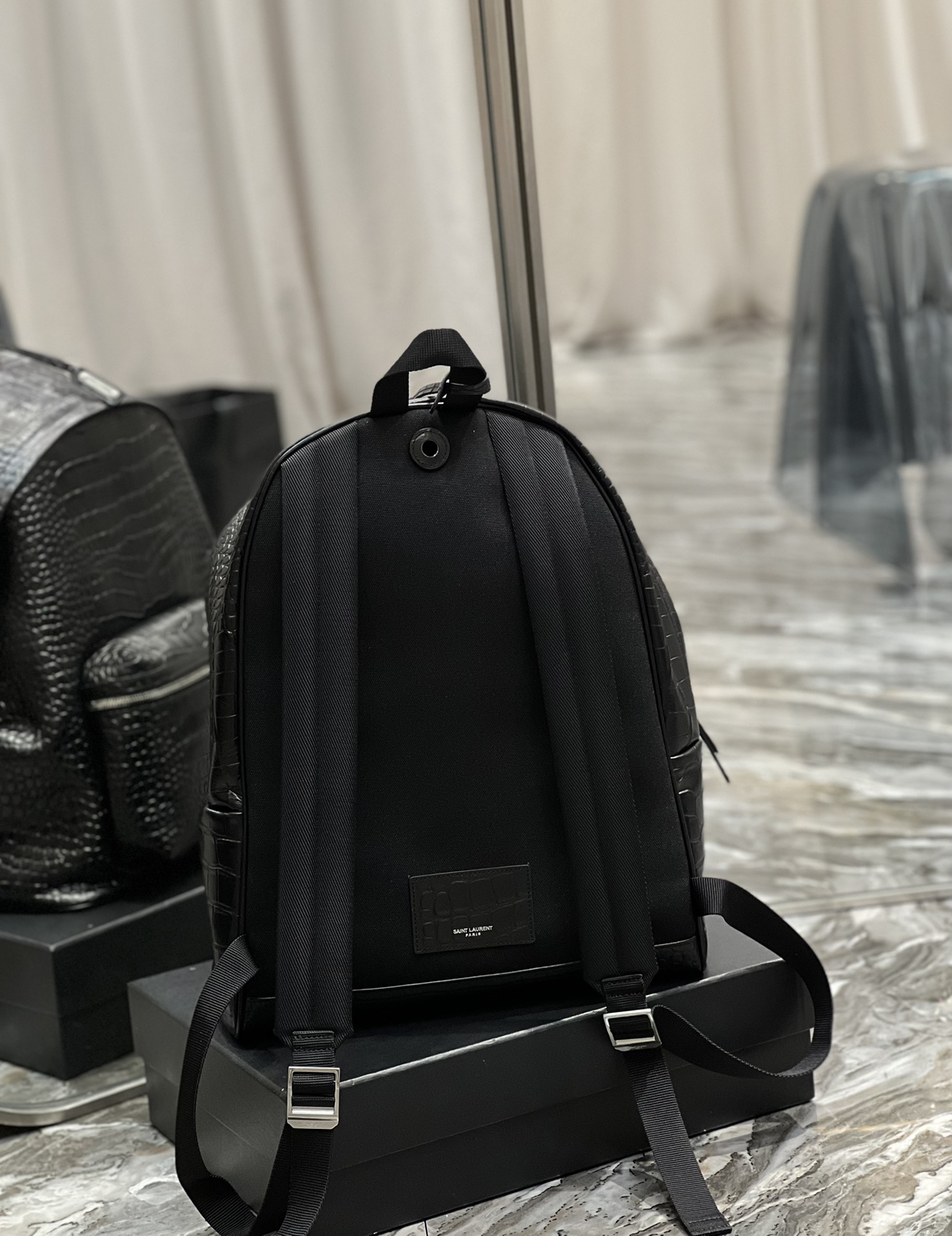 Saint Laurent City Backpack In Crocodile-Embossed Leather Black