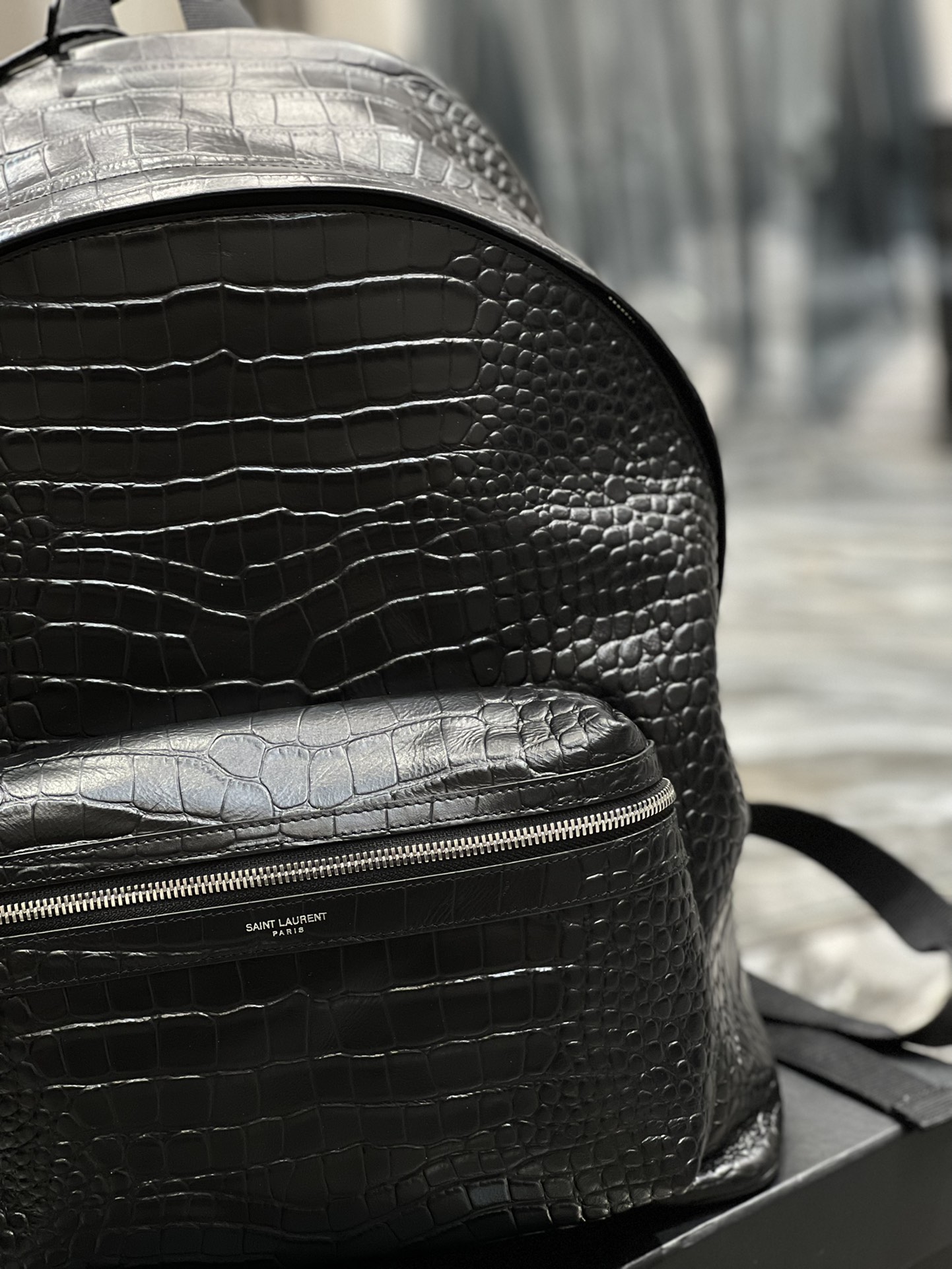 Saint Laurent City Backpack In Crocodile-Embossed Leather Black