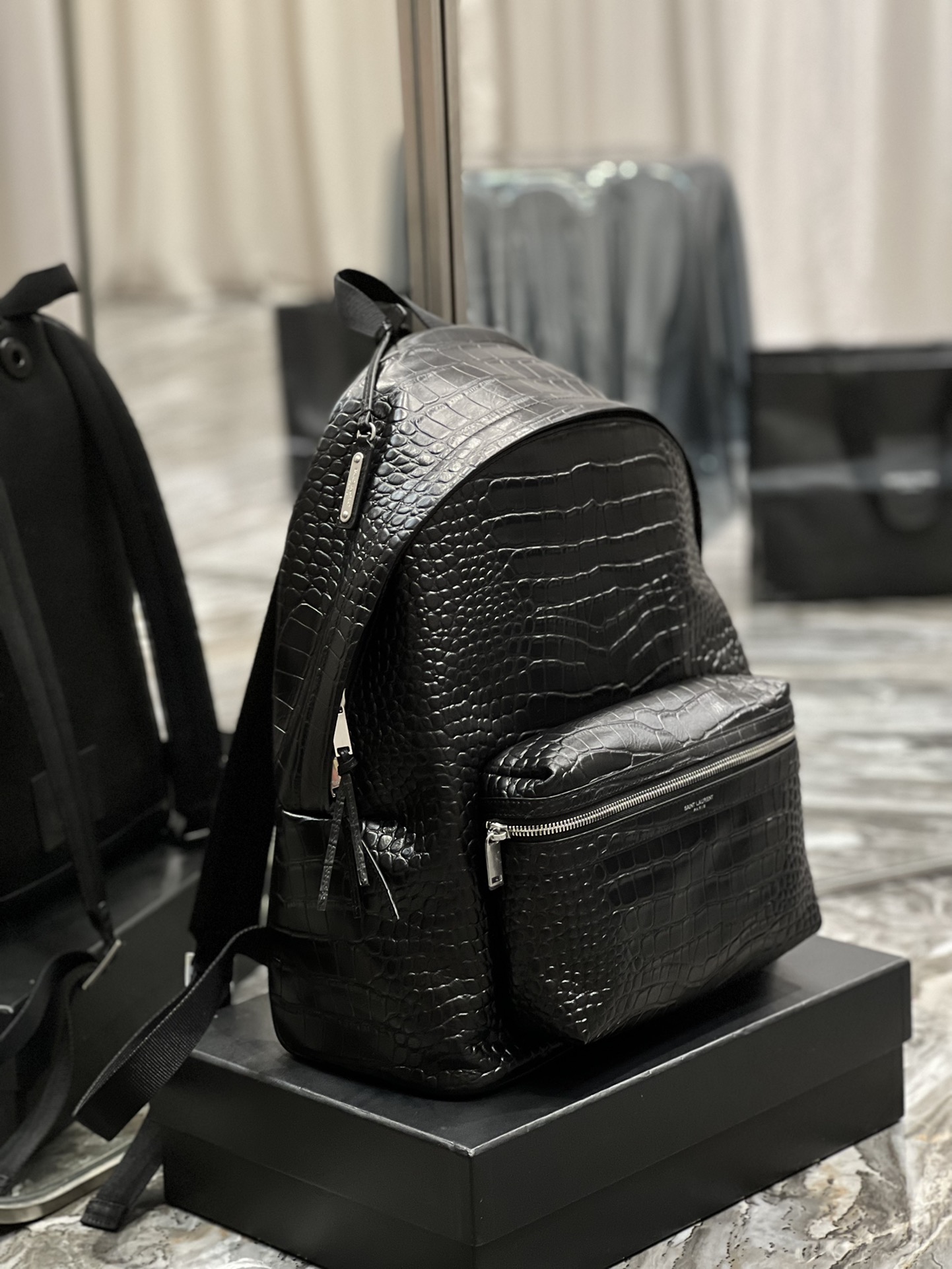 Saint Laurent City Backpack In Crocodile-Embossed Leather Black