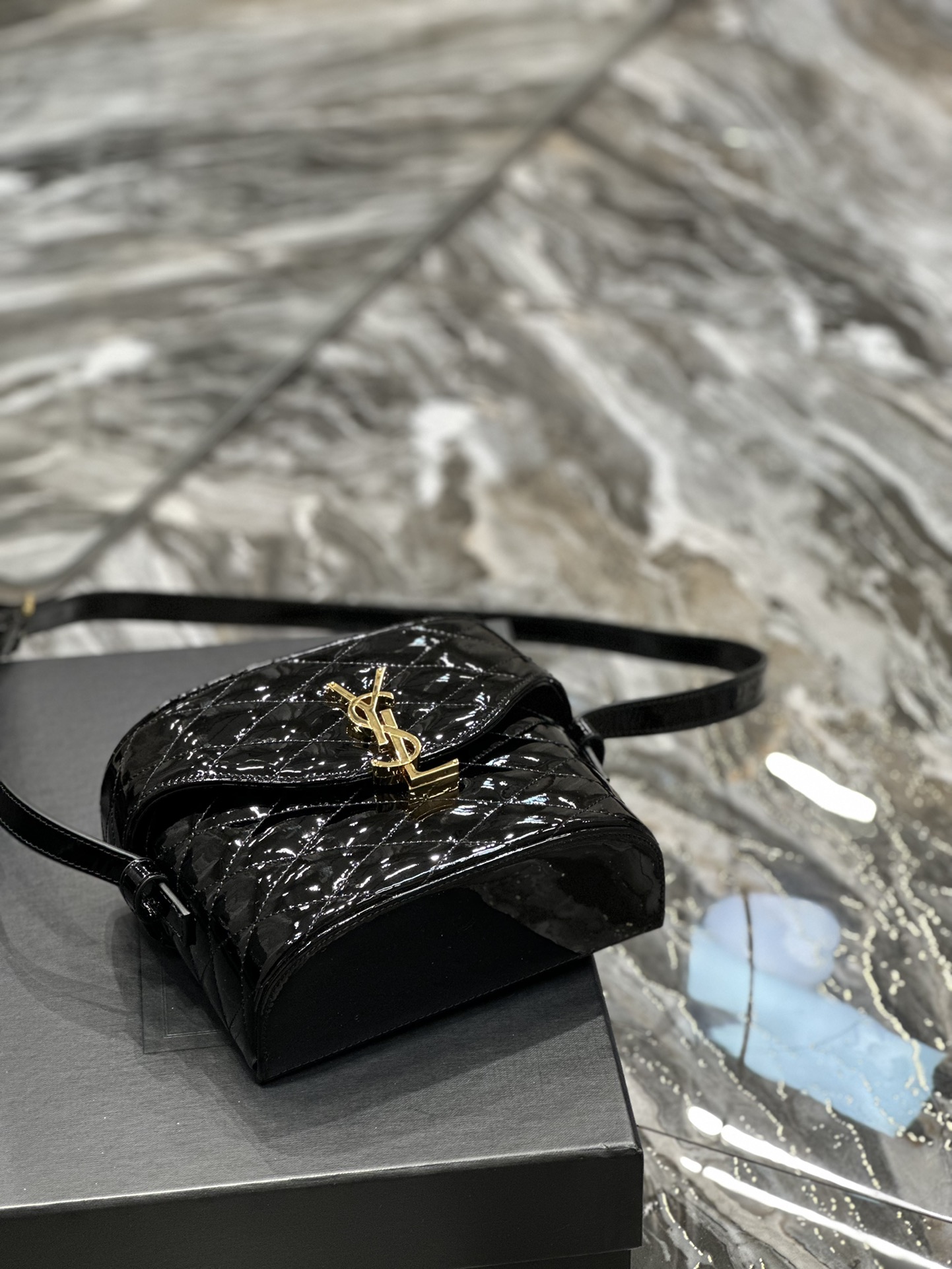 Saint Laurent June Box Bag In Quilted Patent Leather Black