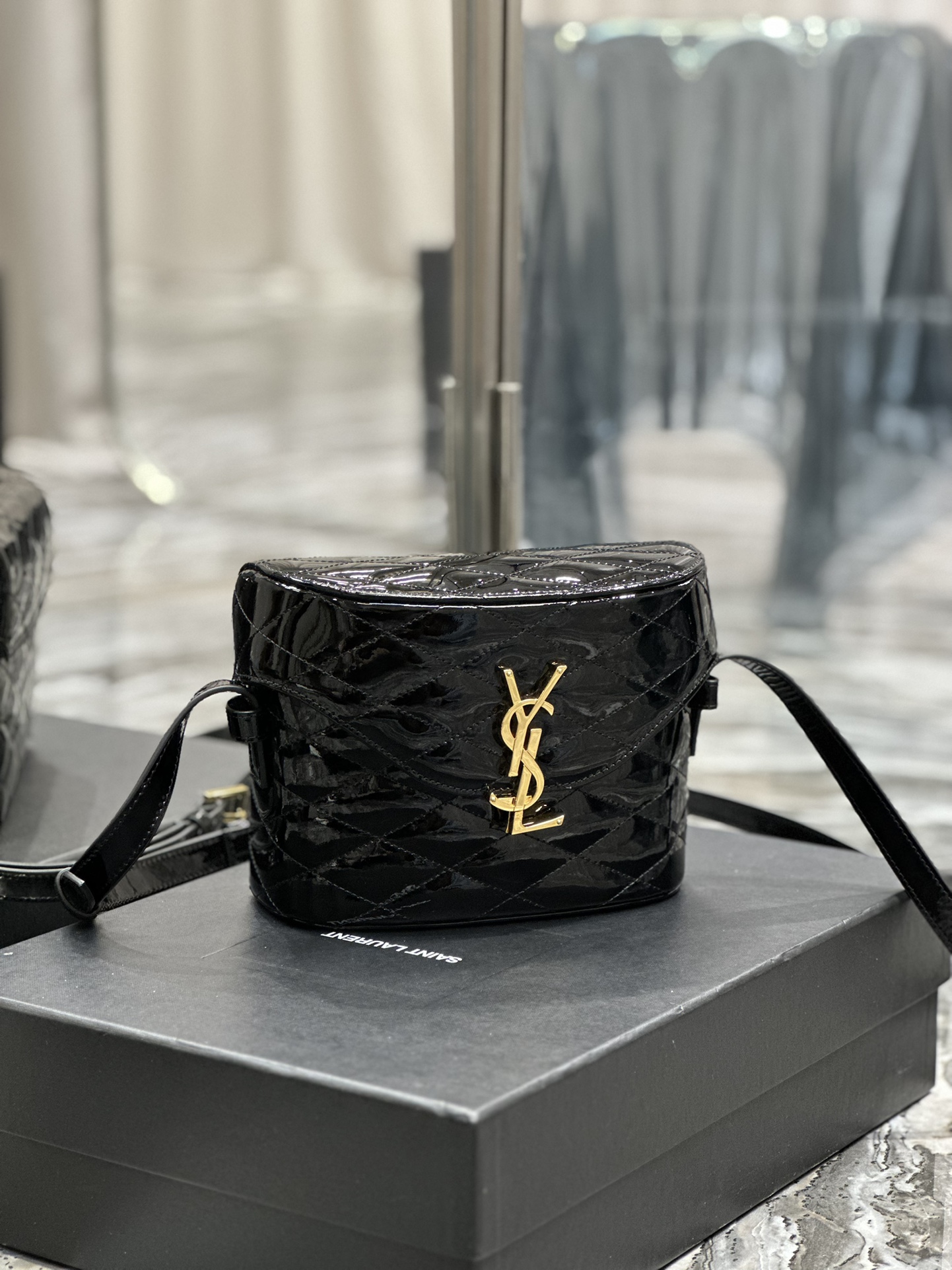 Saint Laurent June Box Bag In Quilted Patent Leather Black