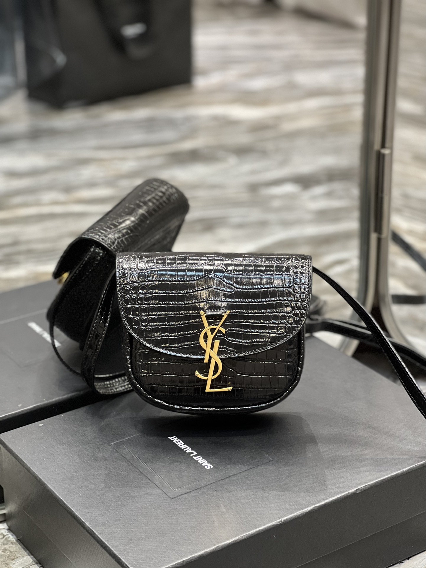 Saint Laurent Kaia Small Satchel In Shiny Crocodile-Embossed Leather Black