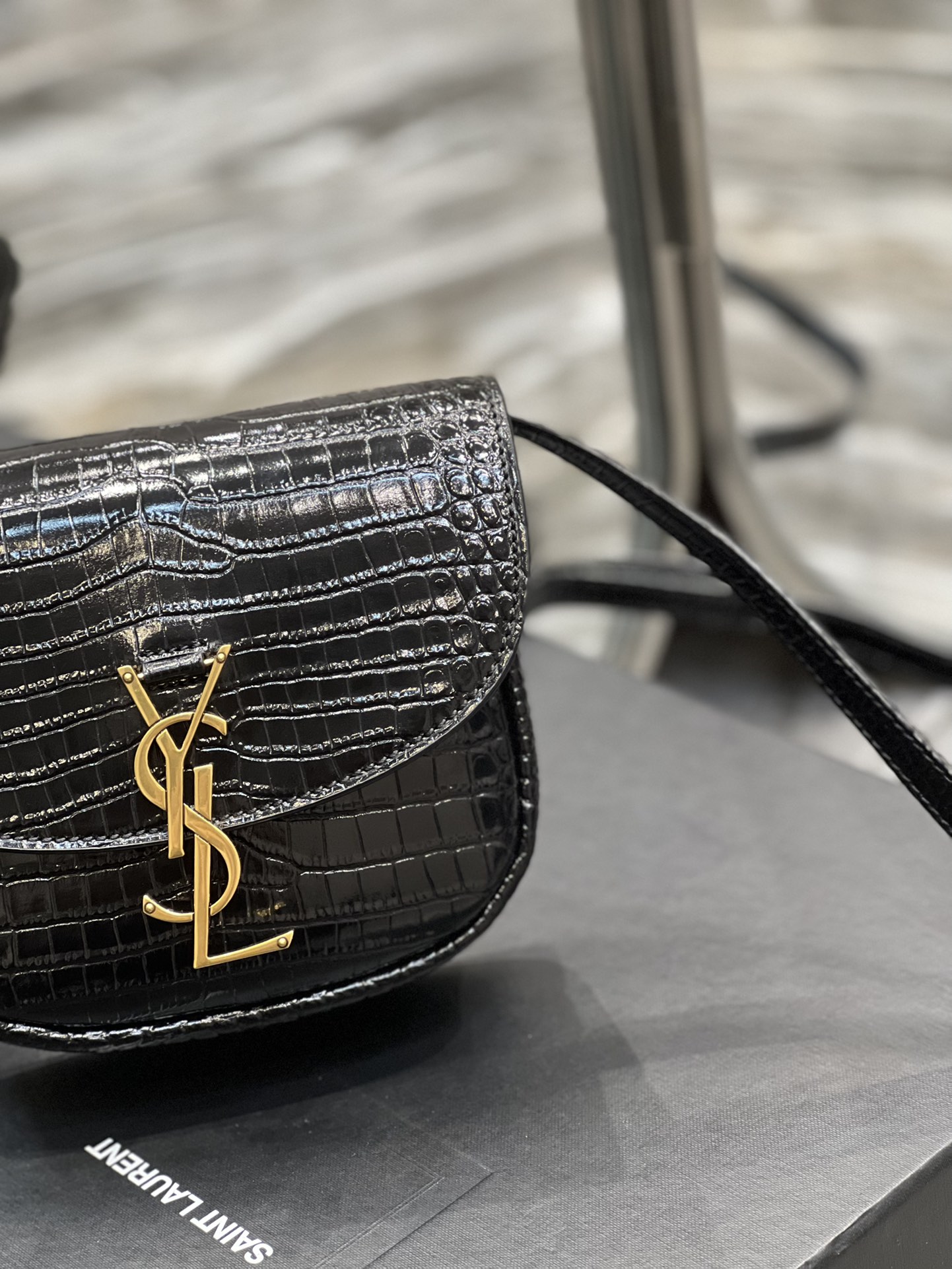 Saint Laurent Kaia Small Satchel In Shiny Crocodile-Embossed Leather Black