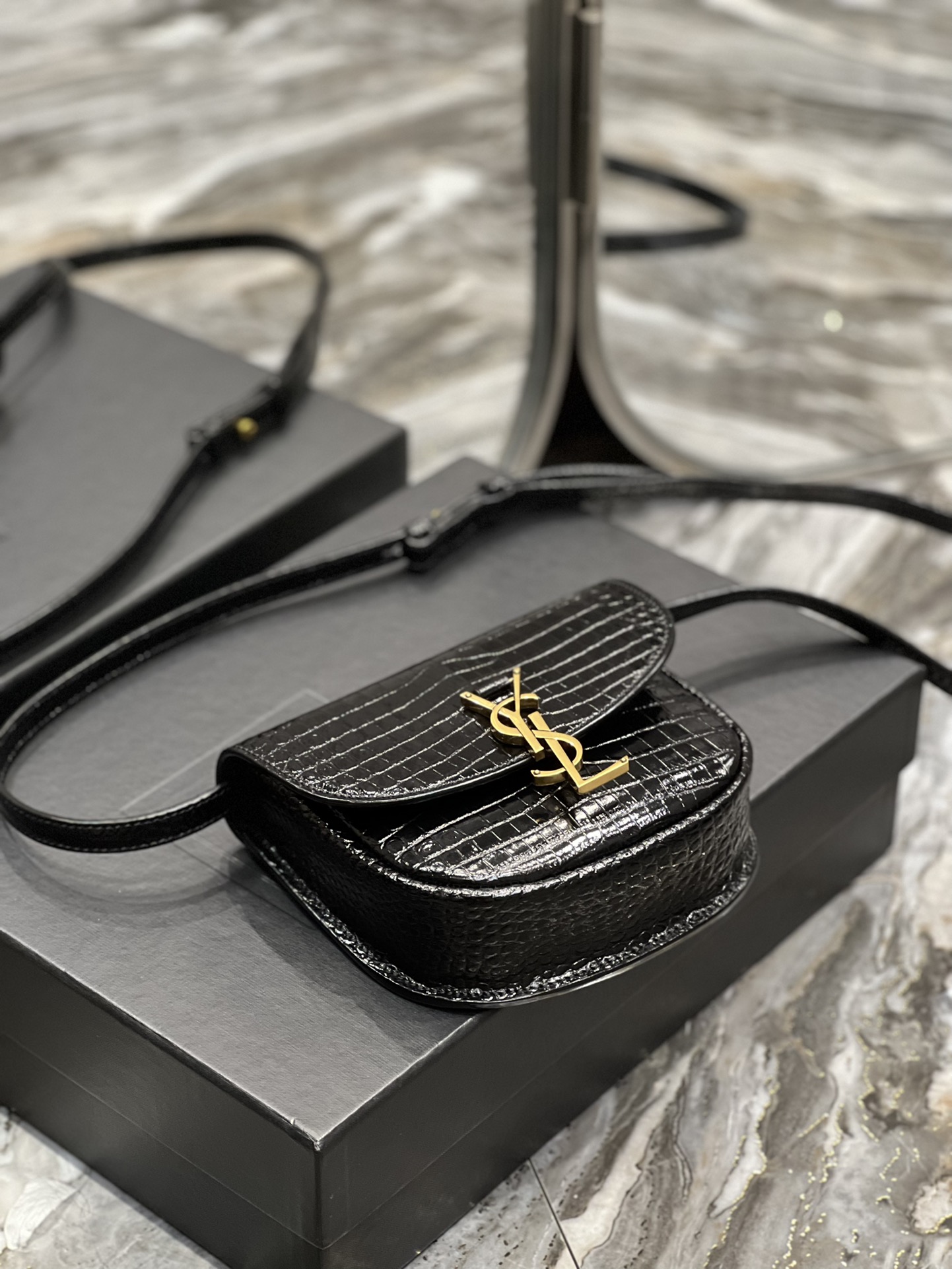 Saint Laurent Kaia Small Satchel In Shiny Crocodile-Embossed Leather Black