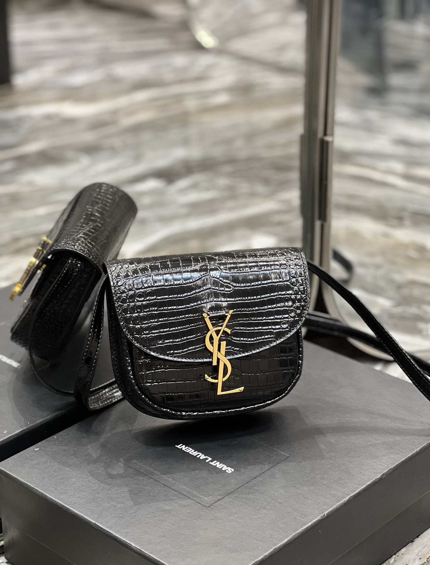 Saint Laurent Kaia Small Satchel In Shiny Crocodile-Embossed Leather Black