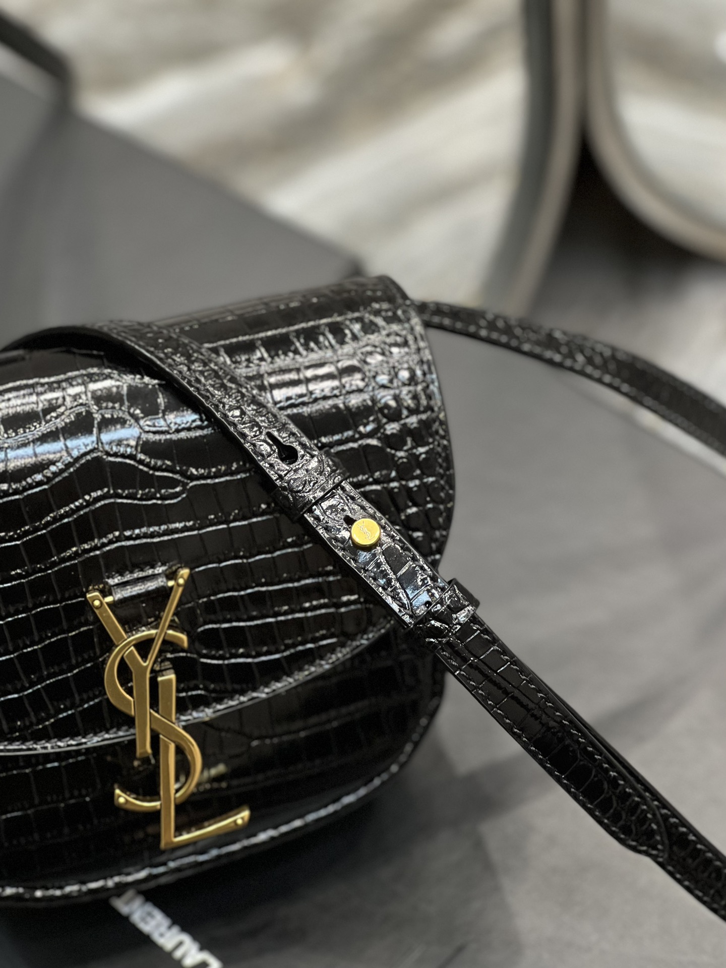 Saint Laurent Kaia Small Satchel In Shiny Crocodile-Embossed Leather Black