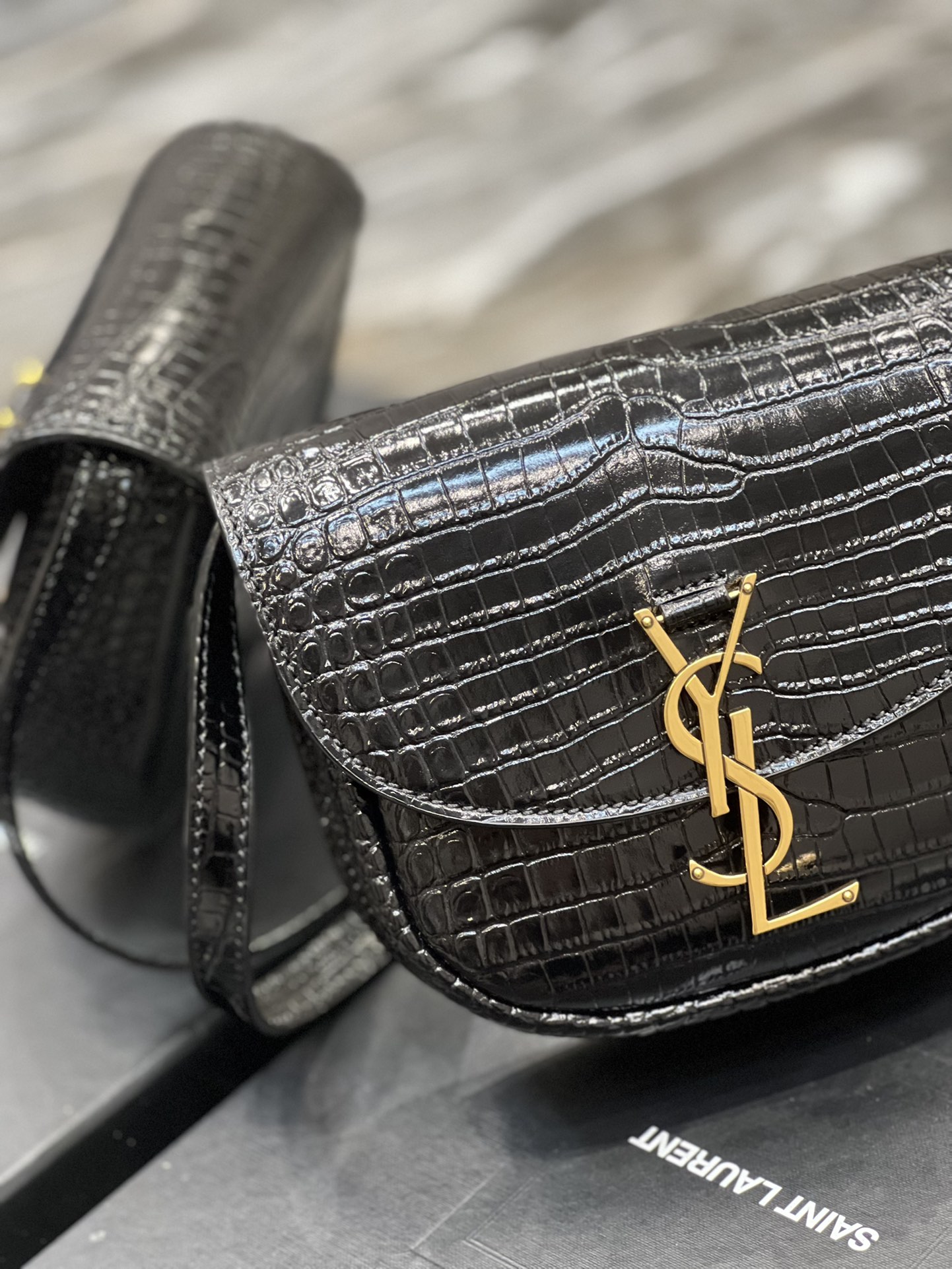 Saint Laurent Kaia Small Satchel In Shiny Crocodile-Embossed Leather Black