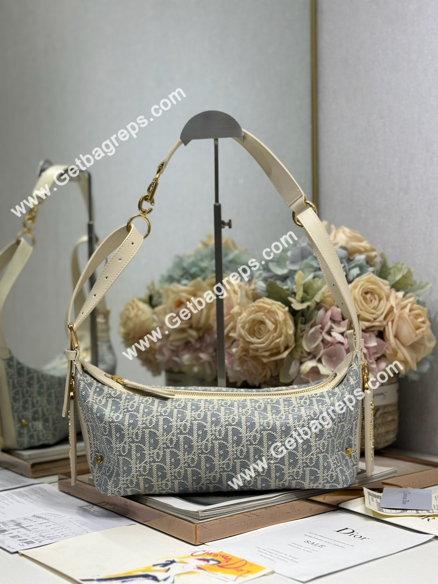 Small D-Journey Bag Blue Dior Oblique Chambray with Raffia Effect and Light Biscuit Smooth Calfskin