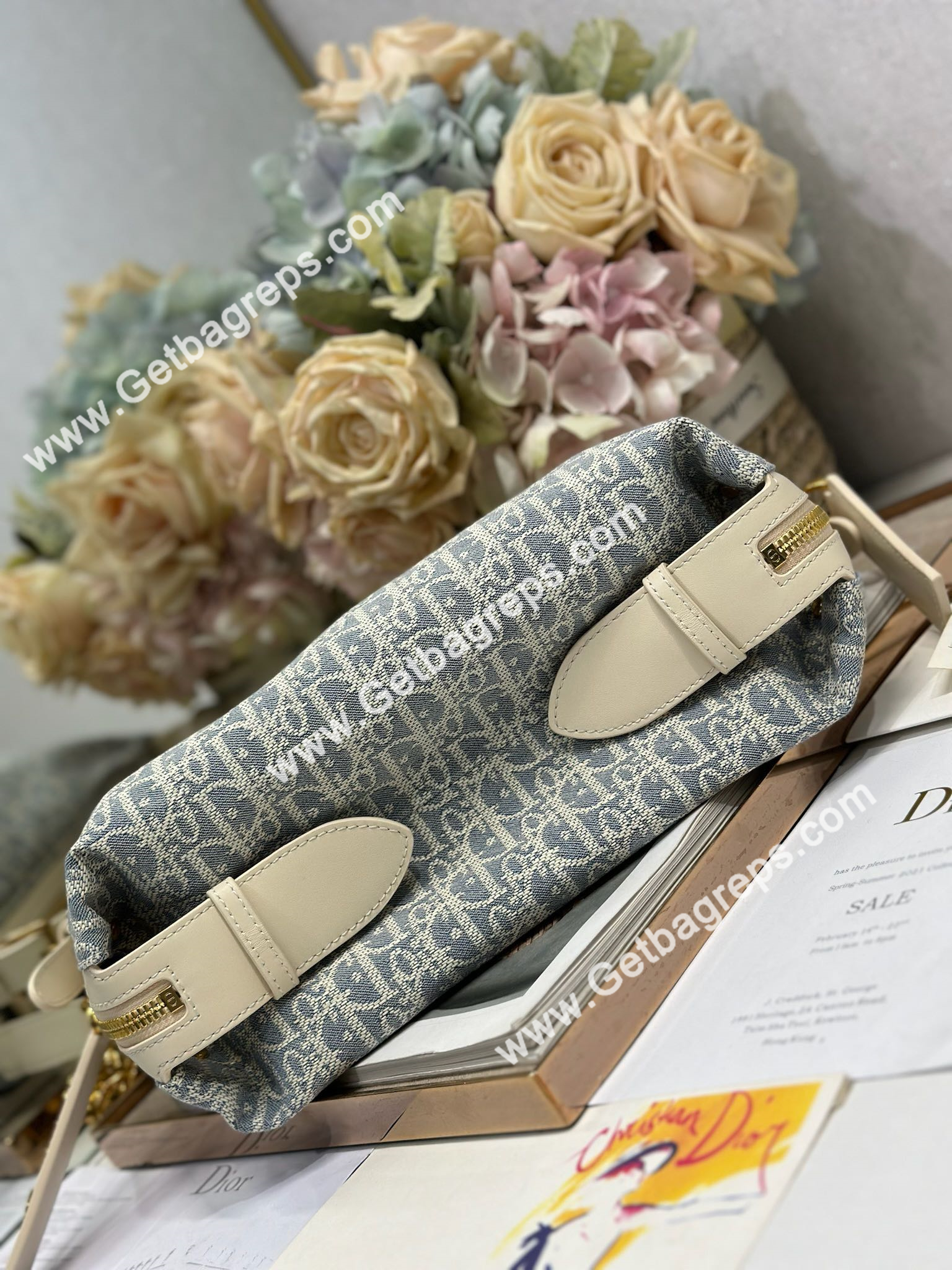 Small D-Journey Bag Blue Dior Oblique Chambray with Raffia Effect and Light Biscuit Smooth Calfskin