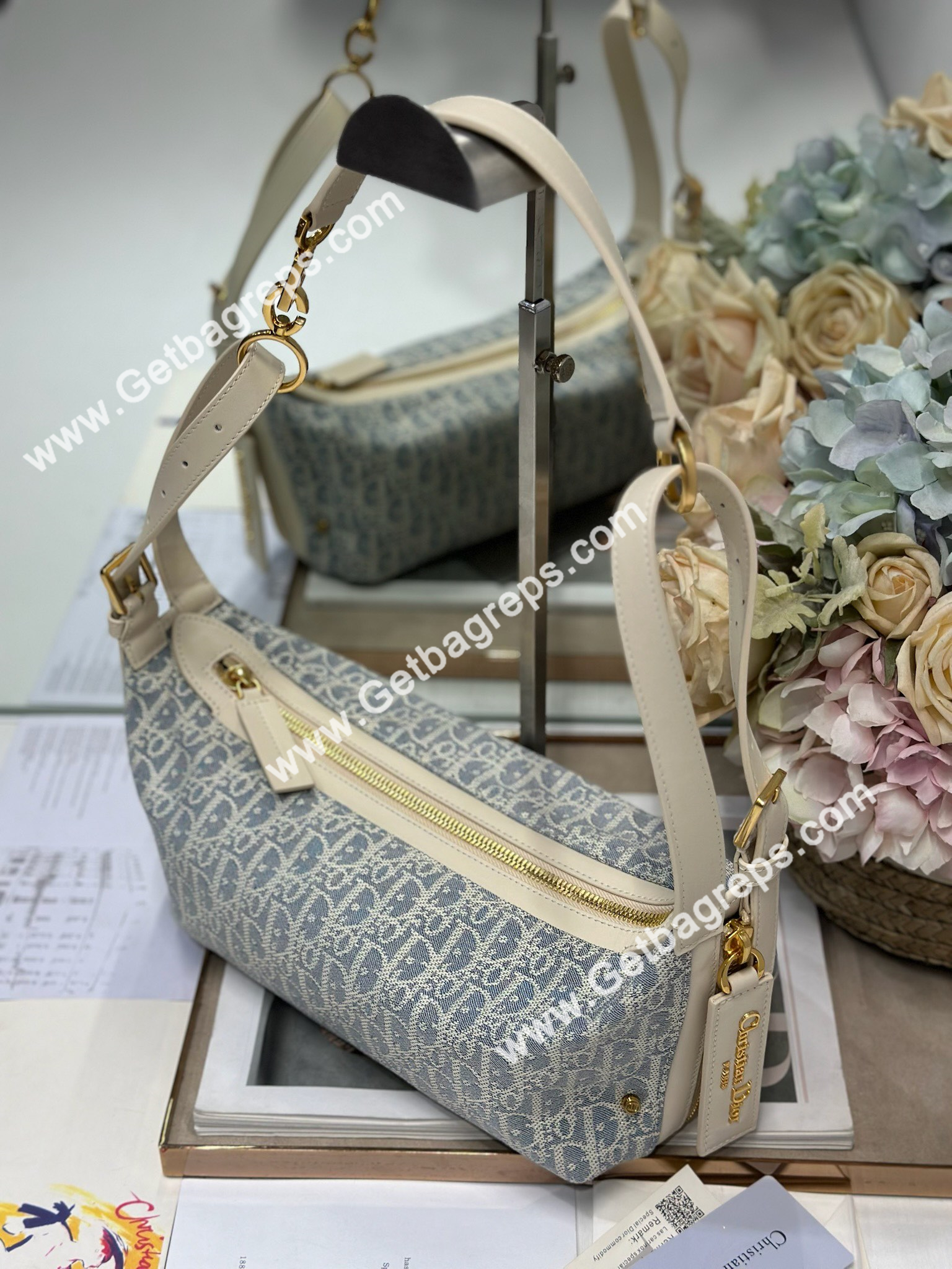 Small D-Journey Bag Blue Dior Oblique Chambray with Raffia Effect and Light Biscuit Smooth Calfskin