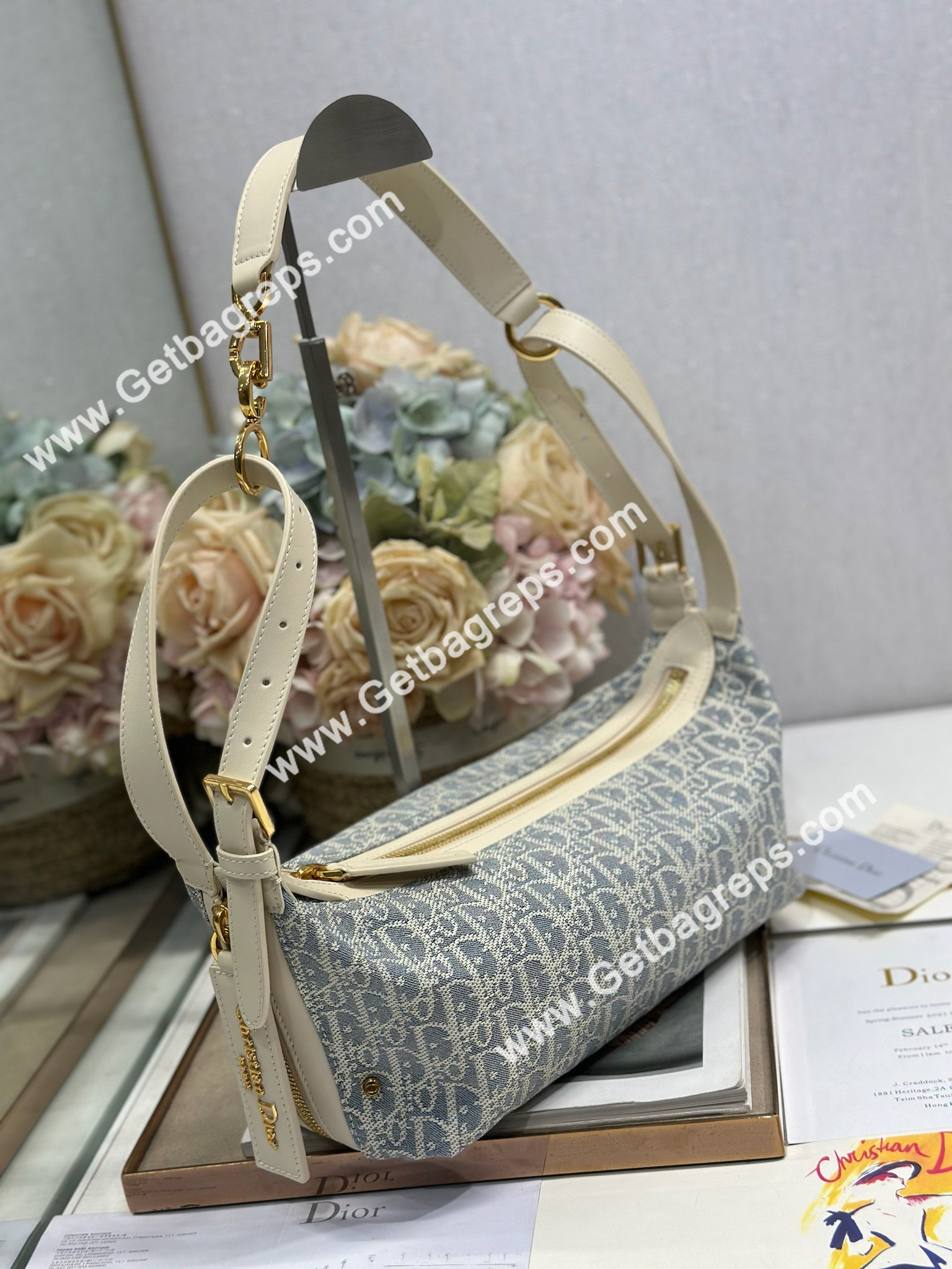 Small D-Journey Bag Blue Dior Oblique Chambray with Raffia Effect and Light Biscuit Smooth Calfskin