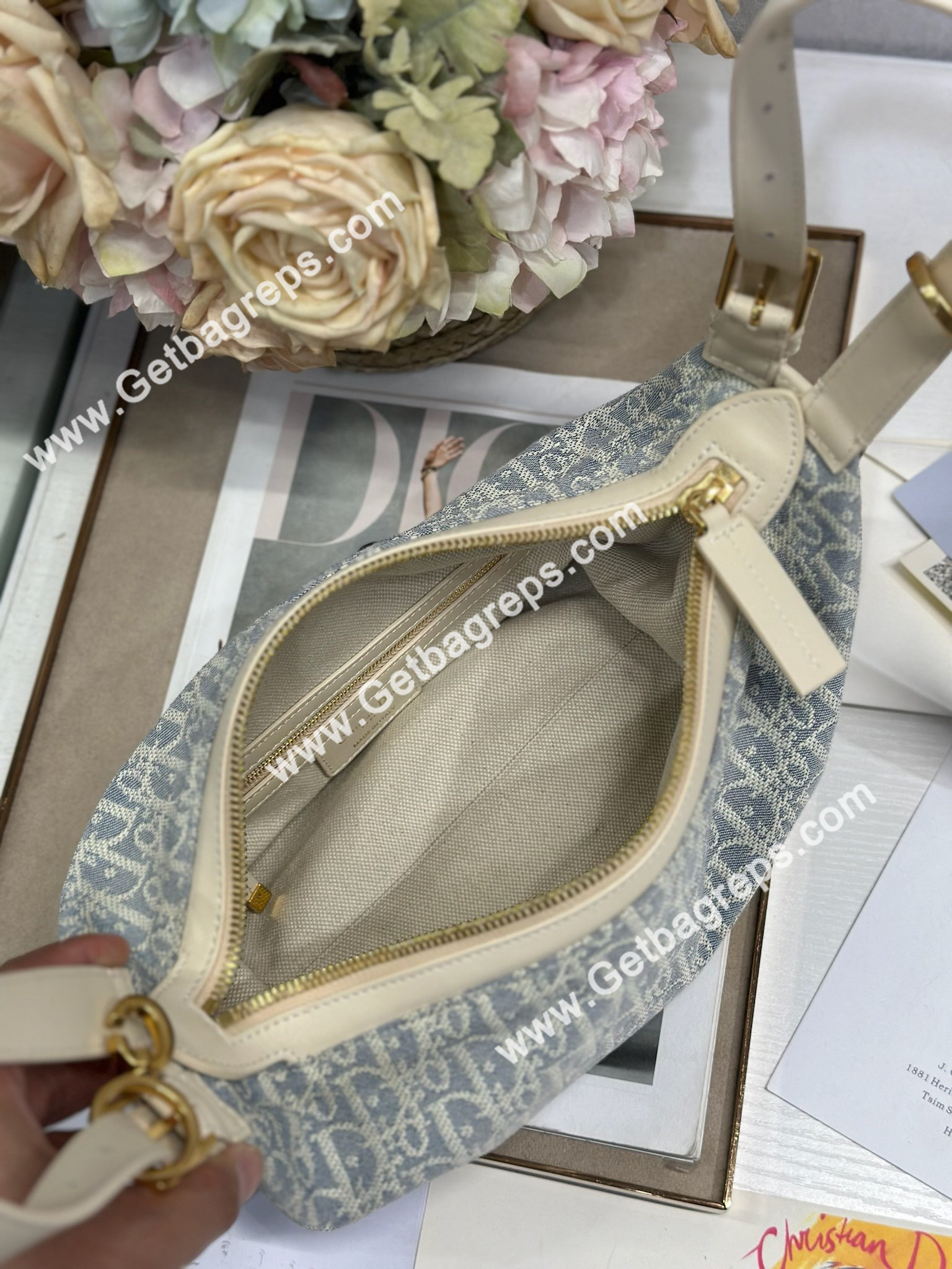Small D-Journey Bag Blue Dior Oblique Chambray with Raffia Effect and Light Biscuit Smooth Calfskin