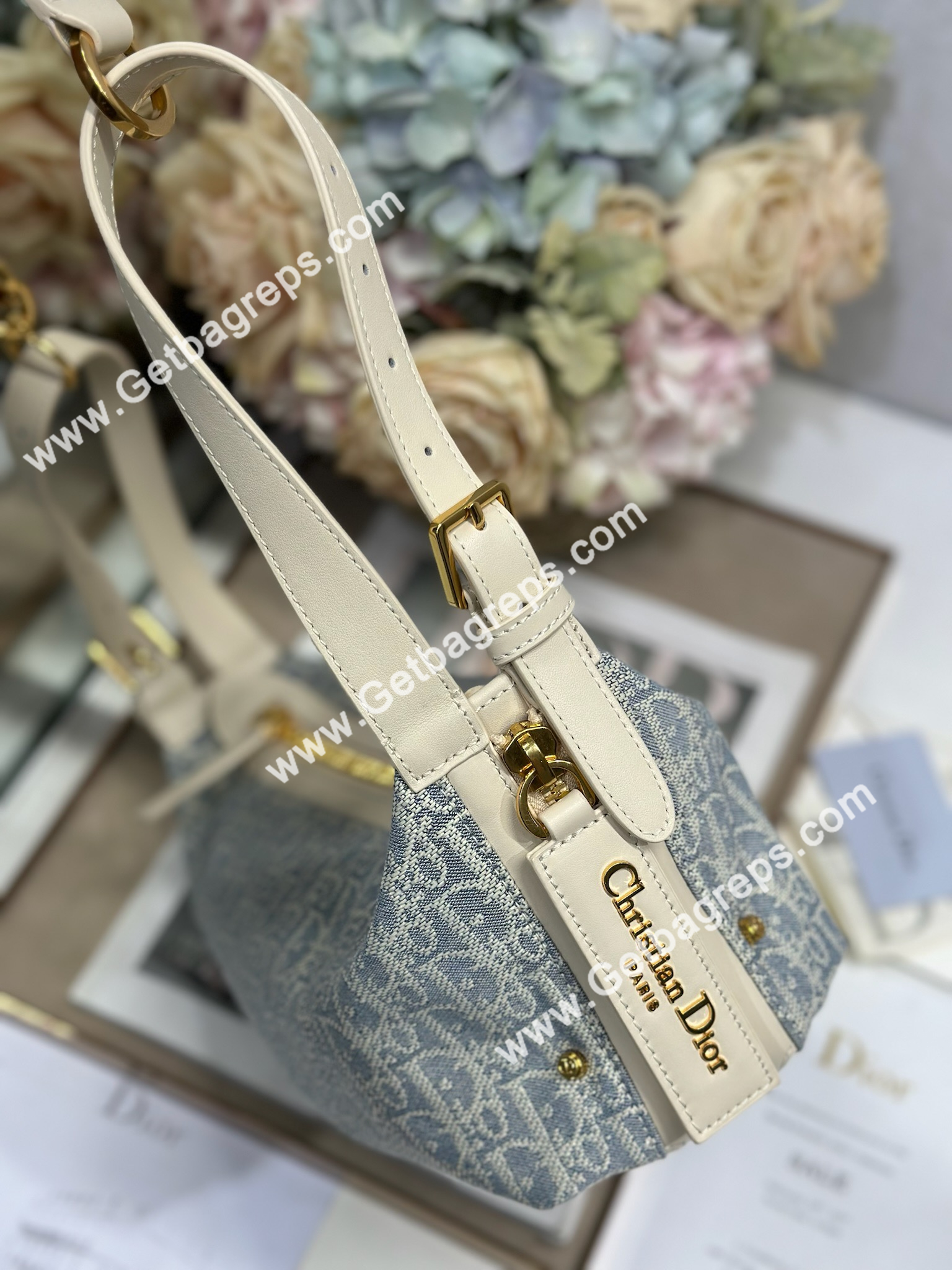 Small D-Journey Bag Blue Dior Oblique Chambray with Raffia Effect and Light Biscuit Smooth Calfskin