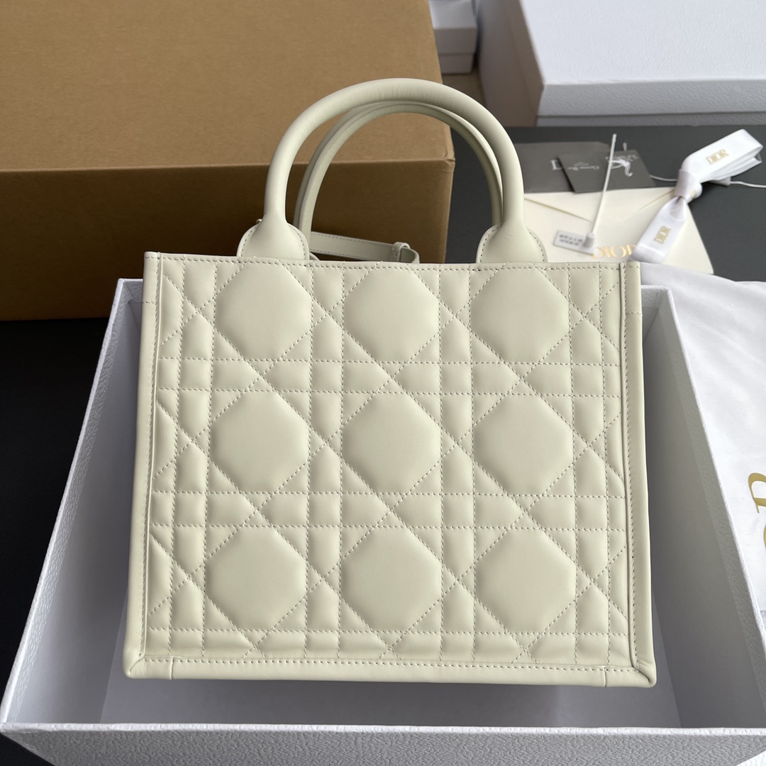 Small Dior Book Tote Latte Macrocannage Calfskin White