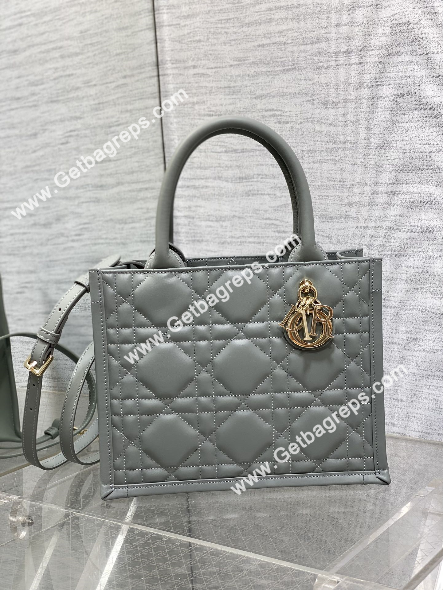 Small Dior Book Tote Macrocannage Calfskin Rock Gray