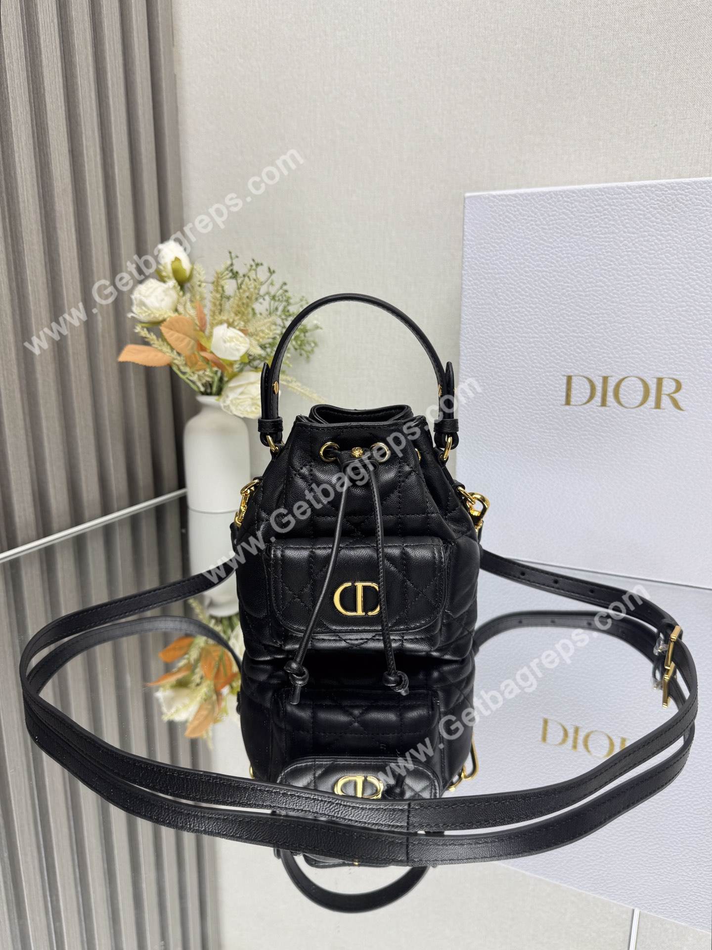 Small Dior Caro Bucket Bag Black