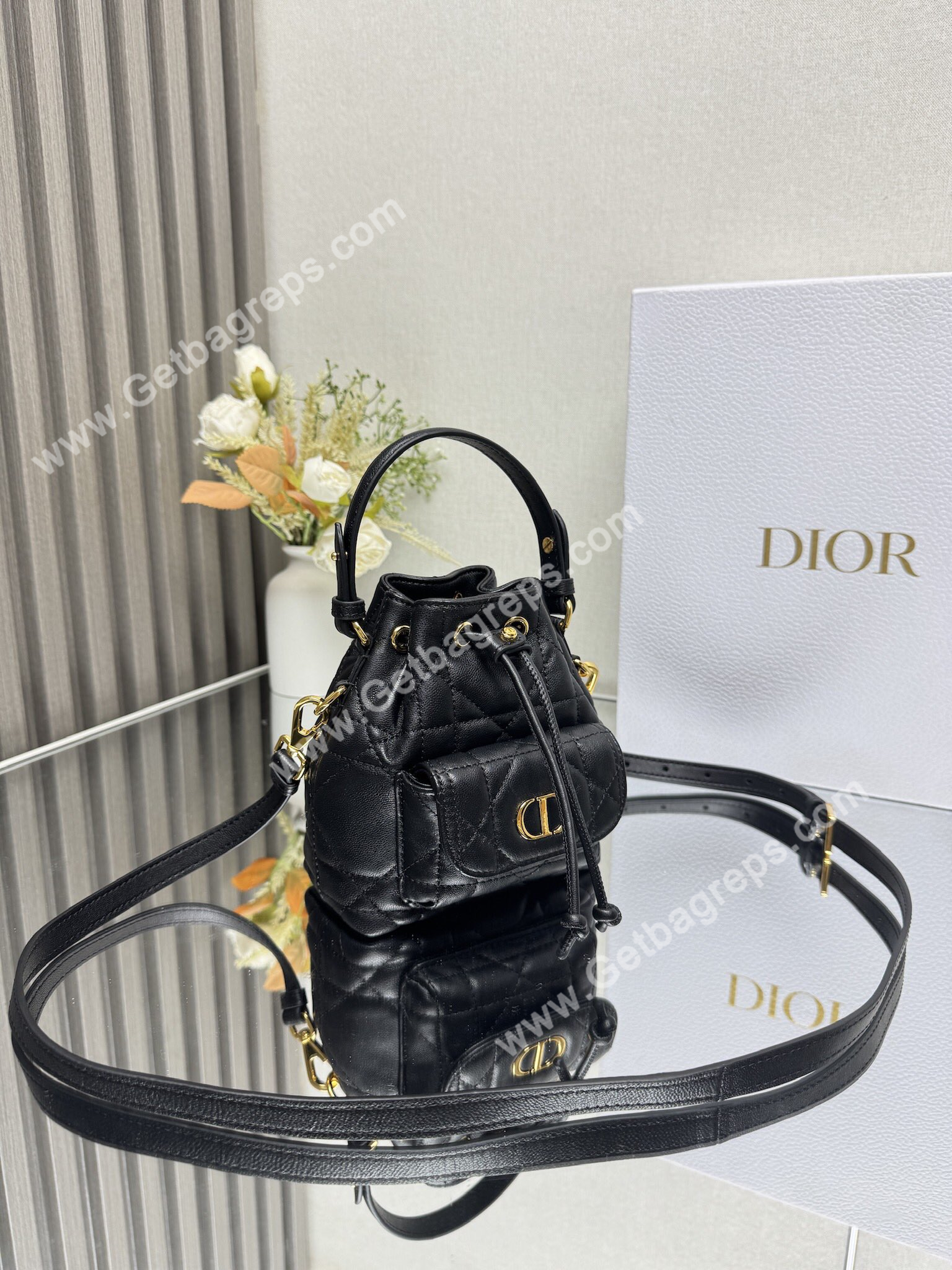 Small Dior Caro Bucket Bag Black
